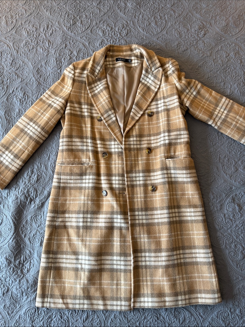 LAUREN Ralph Lauren Camel and Cream Plaid Double-Breasted Trench Coat
